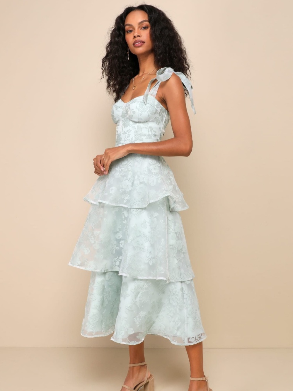 Lulus - Glamorous Sweetie Sage Burnout Tie-Strap Bustier Midi Dress